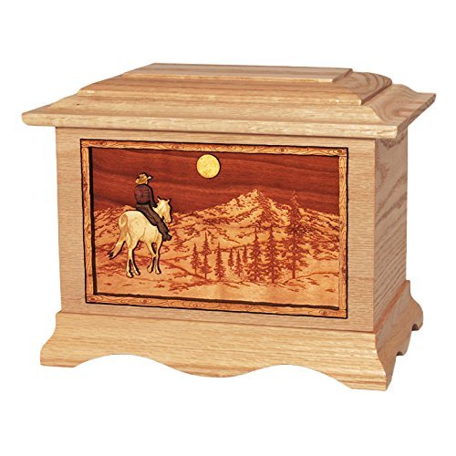 Wood Cremation Urn - Oak Horse and Rider on Mountain Ambassador