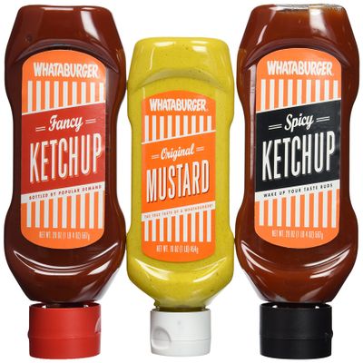 Whataburger Condiments (Pack of 3) (Trio Sampler Pack 1-Mustard 16oz, 1-Original and 1-Spicy Ketchup 20oz ea.)