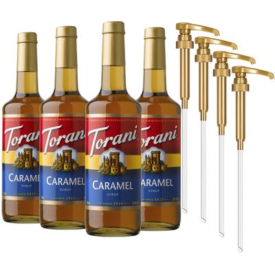 Torani Caramel Coffee Syrup for Drinks & Desserts, Glass Bottle 4-Pack, Pumps Included, 25.4 Fl Oz Ea