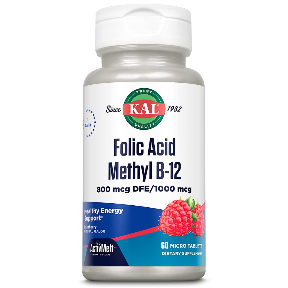 Kal 800 Mcg Folic Acid Methyl B-12 Tablets, Raspberry, 60 Count
