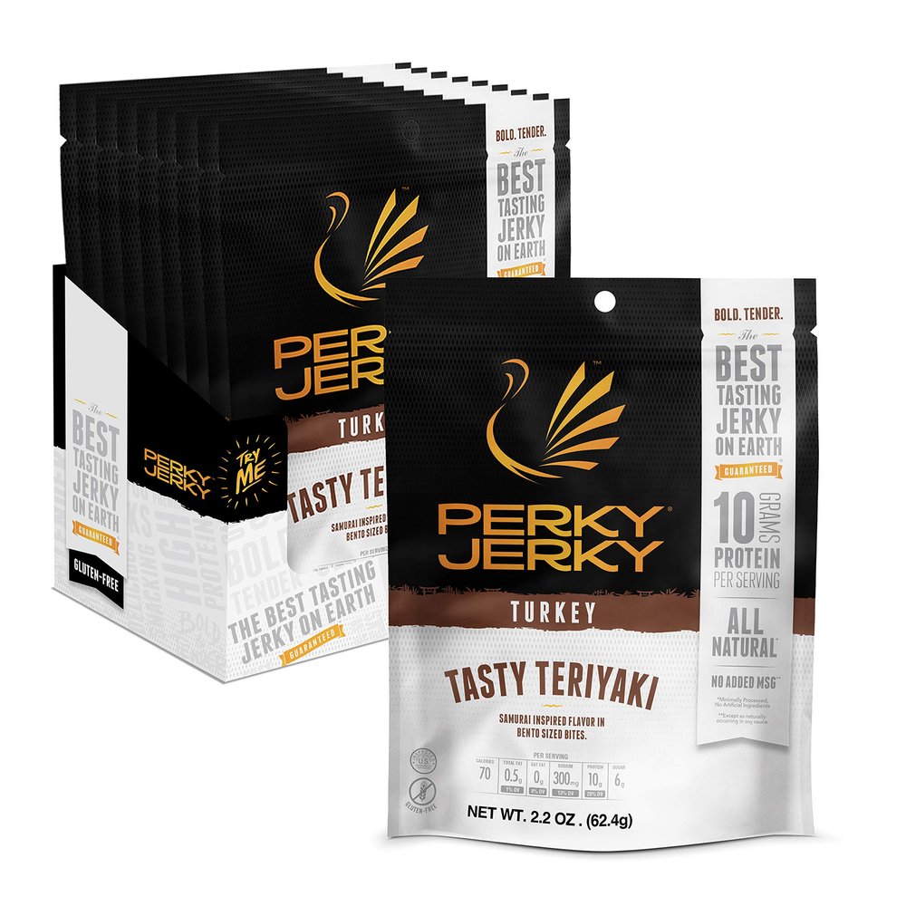 Perky Jerky Tasty Teriyaki Turkey Jerky, 2.2oz (Pack of 12) - Low Sodium - 10g Protein per Serving - Low Fat - 100% U.S. Sourced - Tender Texture TURKEY - Teriyaki, 26.4 Ounce