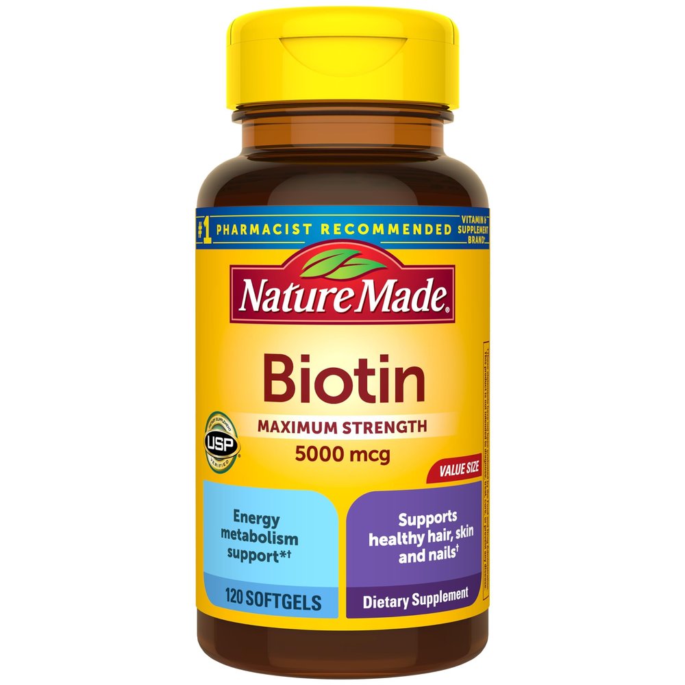 Nature Made Maximum Strength Biotin 5000 mcg Softgels, Biotin Hair Skin and Nails Vitamins Dietary Supplement, 120 Count