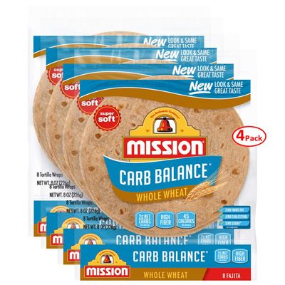 Mission, Carb Balance, Fajita Tortillas, 8 Count, 8oz Bag (Pack of 4) (Whole Wheat)