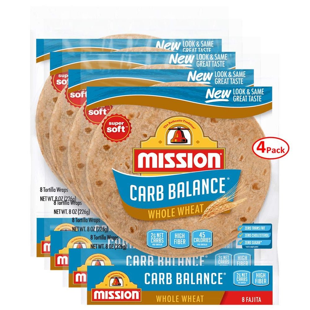 Mission, Carb Balance, Fajita Tortillas, 8 Count, 8oz Bag (Pack of 4) (Whole Wheat)