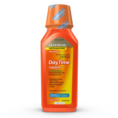 GoodSense Daytime Cold & Flu Multi-Symptom Relief, Non-Drowsy, Effective Relief for Fever, Sore Throat, Cough, Nasal Congestion, 12 Fl Oz