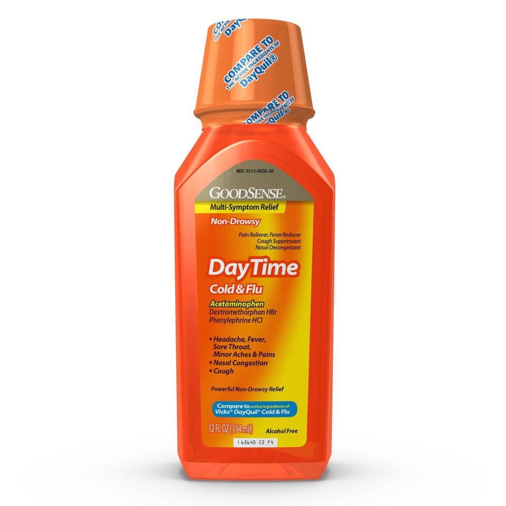 GoodSense Daytime Cold & Flu Multi-Symptom Relief, Non-Drowsy, Effective Relief for Fever, Sore Throat, Cough, Nasal Congestion, 12 Fl Oz