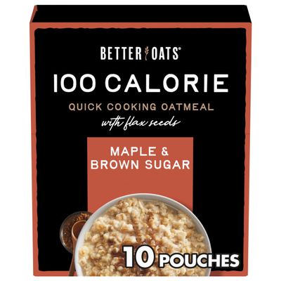Better Oats 100 Calorie Maple and Brown Sugar Oatmeal Packets, 100 Calorie Oatmeal Pouches, 90 Second Instant Oatmeal with Flax Seeds and Rolled Oats, Pack of 10, 9.8 OZ Pack