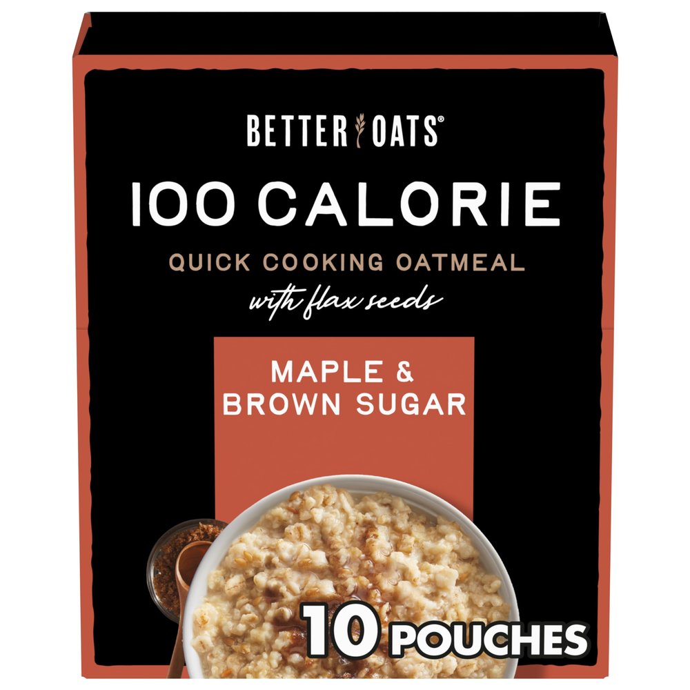 Better Oats 100 Calorie Maple and Brown Sugar Oatmeal Packets, 100 Calorie Oatmeal Pouches, 90 Second Instant Oatmeal with Flax Seeds and Rolled Oats, Pack of 10, 9.8 OZ Pack
