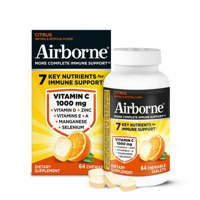 Airborne 1000mg Vitamin C Chewable Tablets With Zinc, Immune Support Supplement With Powerful Antioxidants Vitamins A C & E - 64 Chewable Tablets, Citrus Flavor