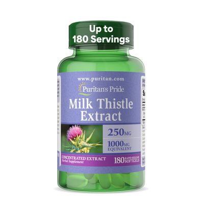 Puritan's Pride Milk Thistle Silymarin 4:1 Concentration Extract 250 mg (1000 mg Equivalent), Dietary Supplement for Traditional Liver Support, 6 Month Supply, 180 Count