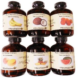 OliveNation Set of 6 Tropical Extracts for Baking - Banana, Mango, Pineapple, Peach, Coconut, Watermelon - Set of 6 x 4 oz bottles