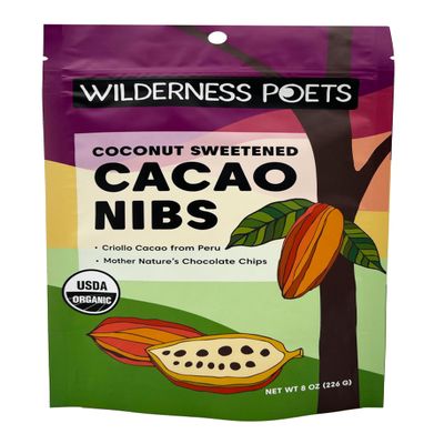 Wilderness Poets, Organic Cacao Nibs (Sweetened with Coconut Nectar) - 100% Peruvian Heirloom (Criollo Variety) - 8 Ounce - 227g