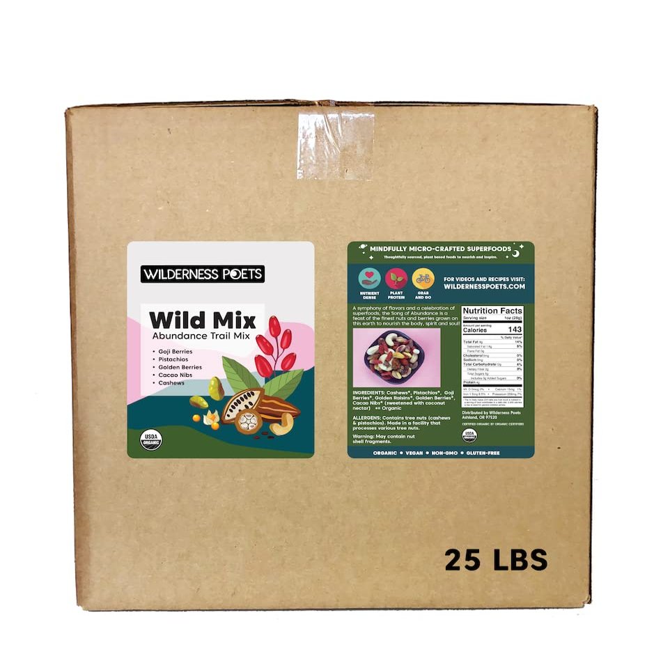 Wilderness Poets, Abundance Wild Mix (Organic Raw Superfood Blend) Bulk Nut and Dried Fruit Trail Mix - 25 Pound