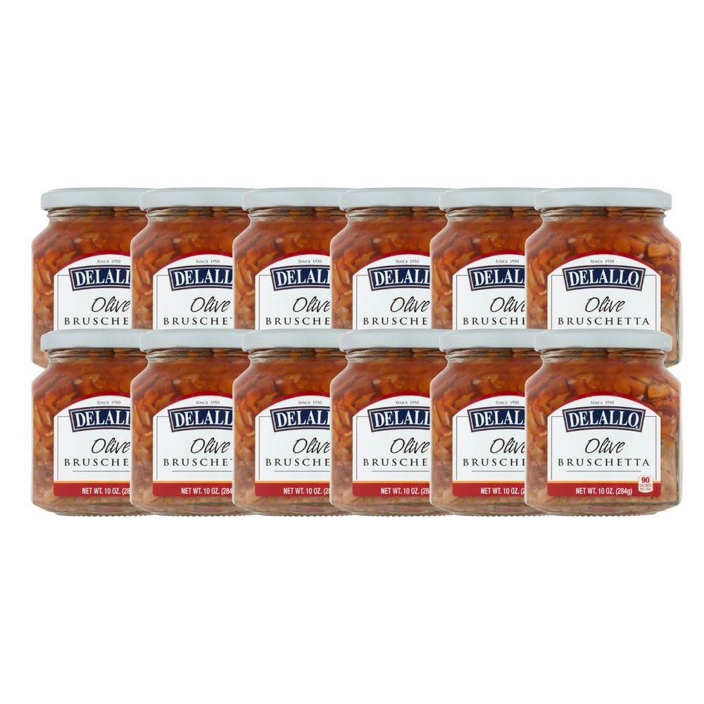 DeLallo Olive Bruschetta, 10 Ounce Jar, (12-Pack) Made with Green and Black Olives, Gourmet Italian Snack Dip, Non-GMO
