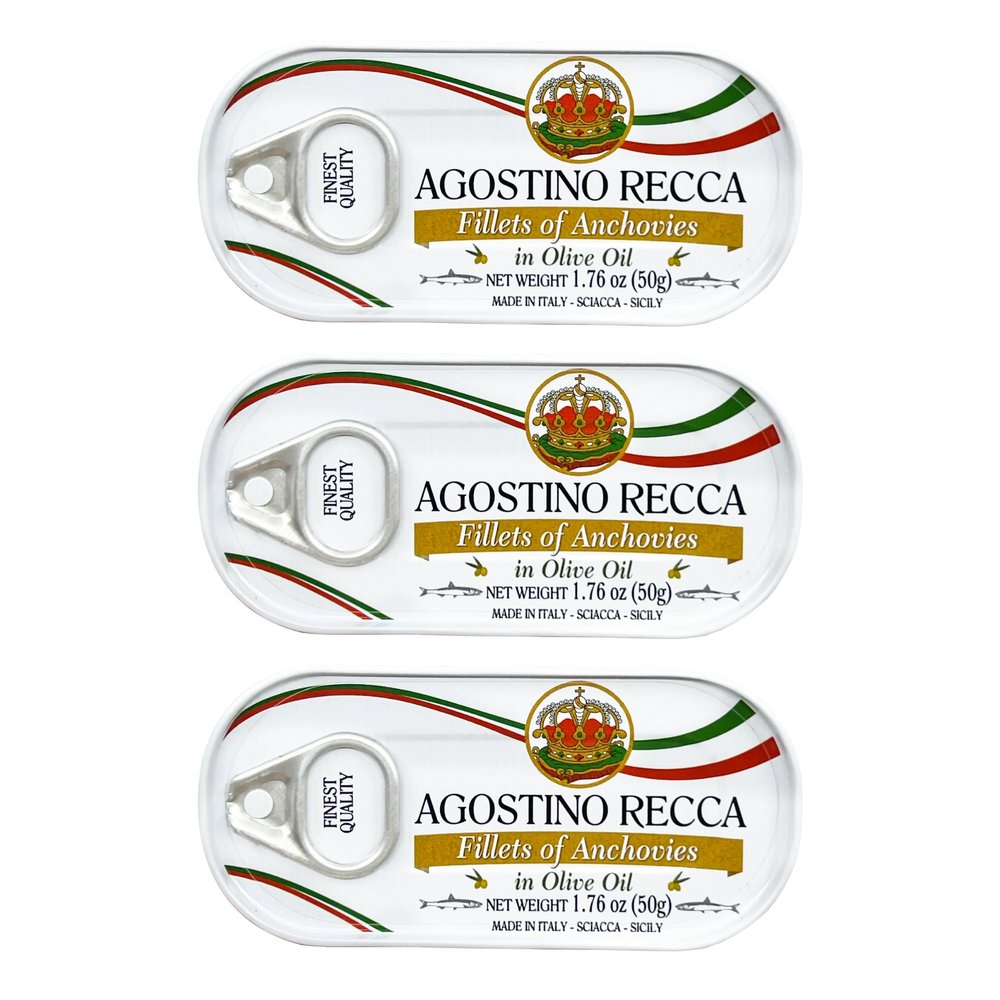 Agostino Recca Fillet of Anchovies in Olive Oil, 1.76 oz (50g)  Premium Italian Anchovies, Product of Italy [Pack of 3]