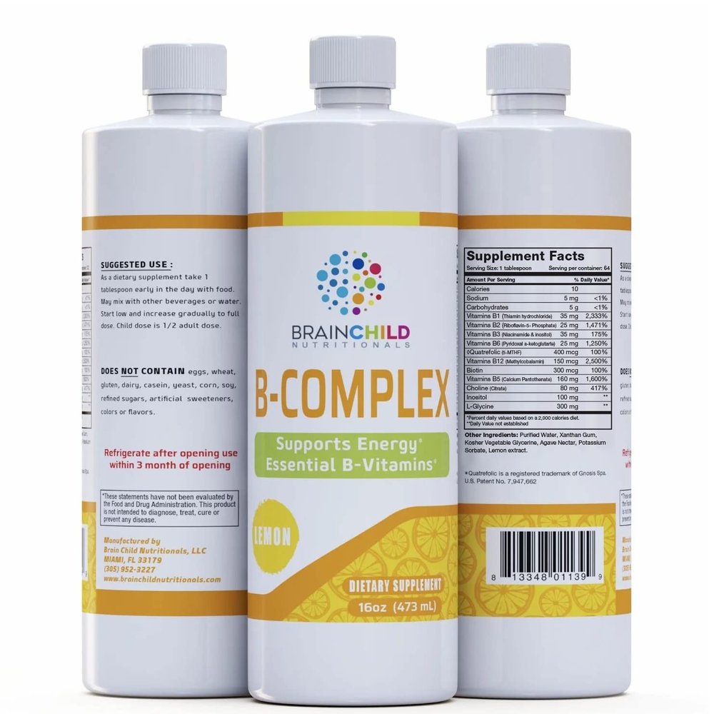 BrainChild B-Complex Liquid - High-Potency Methylated B Vitamins for Energy, Stress & Mood, Non-GMO, Vegan, Gluten-Free, Lemon - 16oz