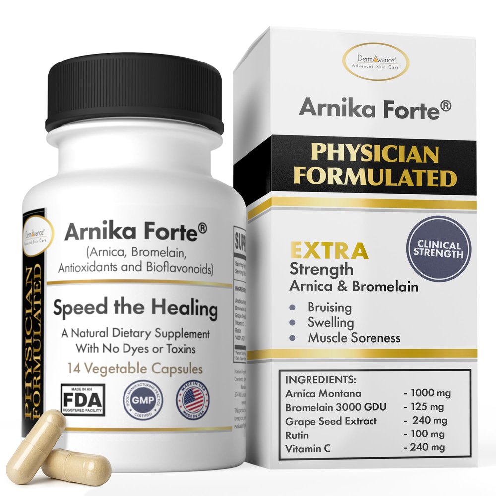 DermAvance Arnika Forte Capsules Swelling and Bruising Reducer After Surgery and Aesthetic Treatments, Antioxidants & Bioflavonoids, Arnica 1000mg, Bromelain 125mg 3000GDU - 14 Capsules