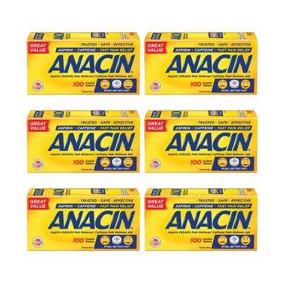 ANACIN Fast Pain Relief Pain Reducer Aspirin Tablets, 100 Tabs (Pack of 6)