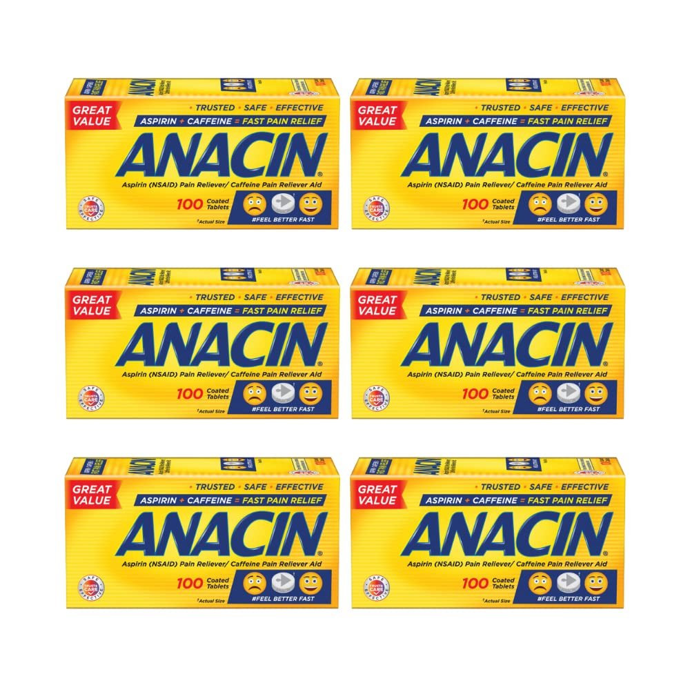 ANACIN Fast Pain Relief Pain Reducer Aspirin Tablets, 100 Tabs (Pack of 6)