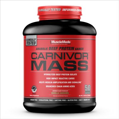 MuscleMeds CARNIVOR Mass Gainer Beef Protein Isolate Shake, 50 Grams Protein, 125 Grams Carbs, 0 Fat, 0 Sugar, Lactose Free, Vanilla Caramel, 5 Pound