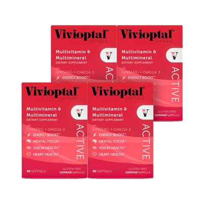 Vivioptal Active, 90 Softgels (1 Year Supply), Ginseng & Omega 3, Multivitamin & Multimineral, Gluten Free, German Formula