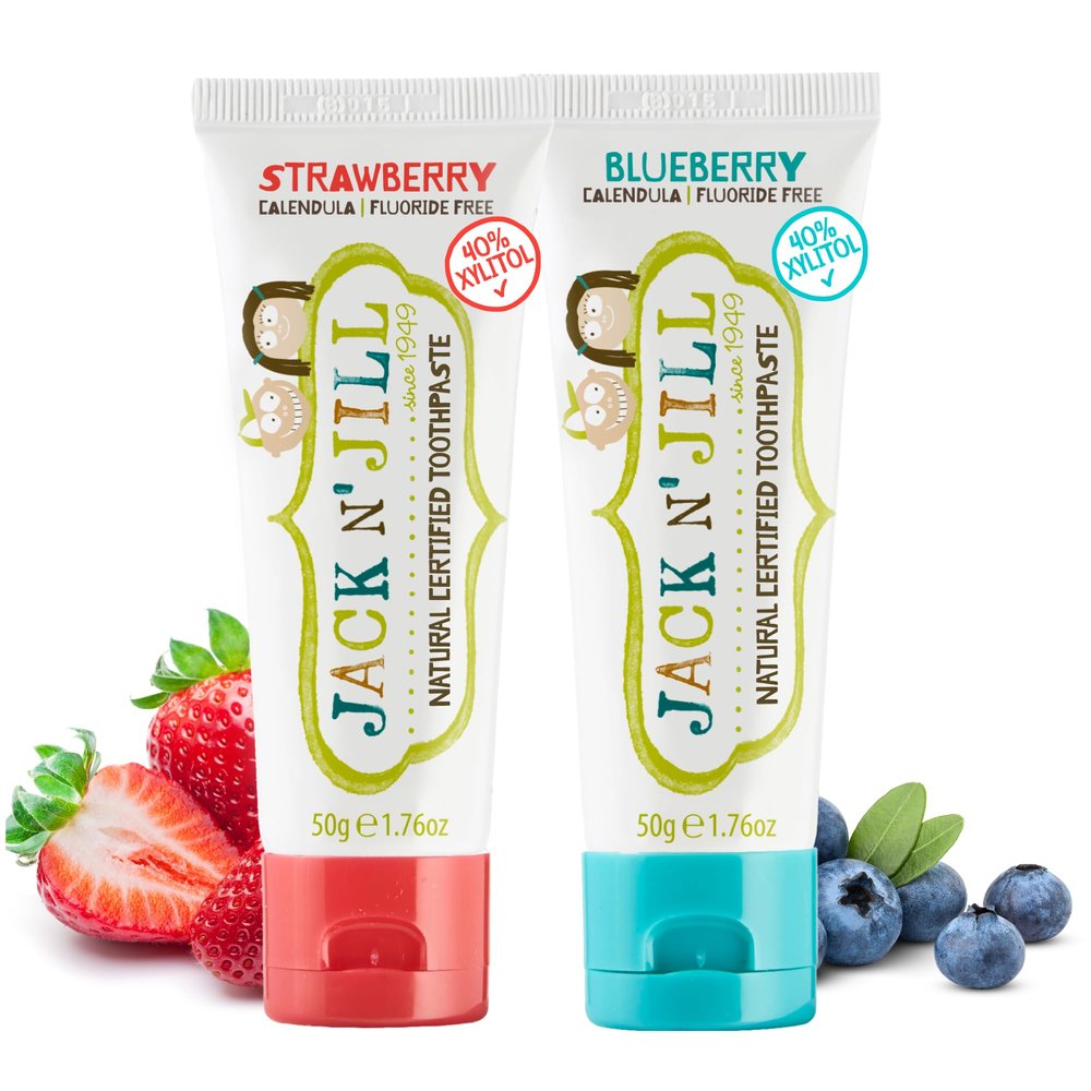 Jack N' Jill Natural Toddler Toothpaste - Fluoride Free Training Toothpaste for Toddlers 1-3, 40% Xylitol, BPA Free - Strawberry & Blueberry, 1.76 oz (Pack of 2)