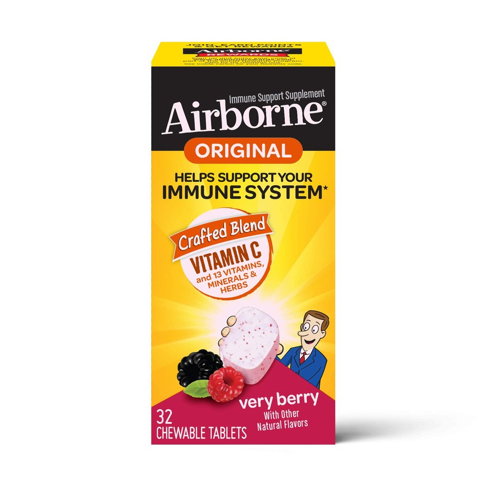 Airborne 1000mg Vitamin C + Zinc Immune Support Supplement Chewable Tablets, Very Berry Flavor with Powerful Antioxidants Vitamins A C & E, 32 Chewable Tablets (2 Pack)