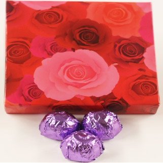 Scott's Cakes Dark Chocolate Peanut Butter Truffle Cream Filling Candies with Violet Foils in a 1 Pound Pink Roses Box