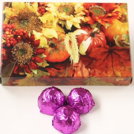 Scott's Cakes Dark Chocolate Peanut Butter Truffle Cream Filling Candies with Purple Foils in a 1 Pound Fall Leaf Box