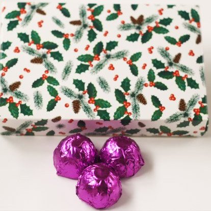 Scott's Cakes Dark Chocolate Peanut Butter Truffle Cream Filling Candies with Purple Foils in a 1 Pound Holly Box