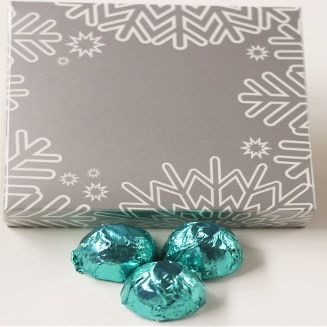 Scott's Cakes Dark Chocolate Peanut Butter Truffle Cream Filling Candies with Aqua Foils in a 1 Pound Snowflake Box