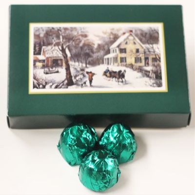 Scott's Cakes Dark Chocolate Peanut Butter Truffle Cream Filling Candies with Dark Green Foils in a 1 Pound Homestead Box