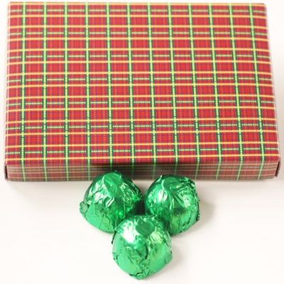 Scott's Cakes Dark Chocolate Peanut Butter Truffle Cream Filling Candies with Yellow Green Foils in a 1 Pound Christmas Plaid Box