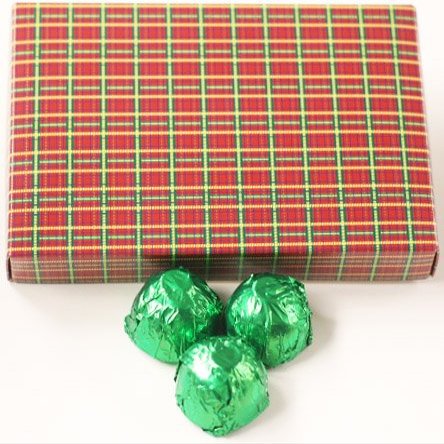 Scott's Cakes Dark Chocolate Peanut Butter Truffle Cream Filling Candies with Yellow Green Foils in a 1 Pound Christmas Plaid Box