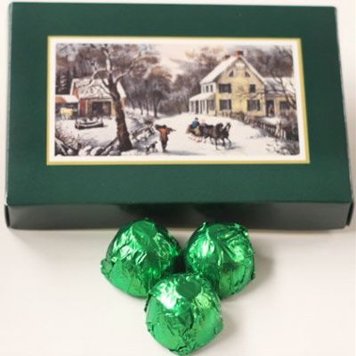 Scott's Cakes Dark Chocolate Peanut Butter Truffle Cream Filling Candies with Yellow Green Foils in a 1 Pound Homestead Box