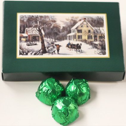 Scott's Cakes Dark Chocolate Peanut Butter Truffle Cream Filling Candies with Yellow Green Foils in a 1 Pound Homestead Box