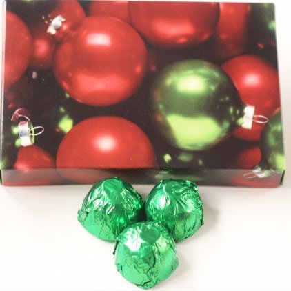 Scott's Cakes Dark Chocolate Peanut Butter Truffle Cream Filling Candies with Yellow Green Foils in a 1 Pound Ornament Box