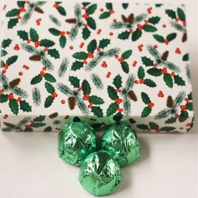Scott's Cakes Dark Chocolate Peanut Butter Truffle Cream Filling Candies with Light Green Foils in a 1 Pound Holly Box