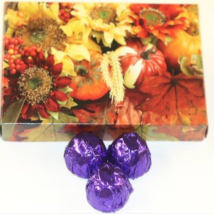 Scott's Cakes Milk Chocolate Peanut Butter Truffle Cream Filling Candies with Grape Foils in a 1 Pound Fall Leaf Box
