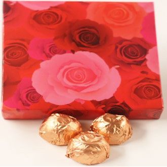 Scott's Cakes Milk Chocolate Peanut Butter Truffle Cream Filling Candies with Peach Foils in a 1 Pound Pink Roses Box