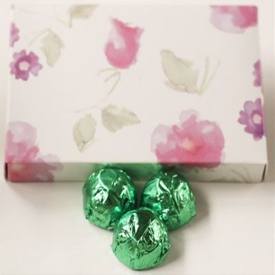 Scott's Cakes Dark Chocolate Peanut Butter Truffle Cream Filling Candies with Light Green Foils in a 1 Pound Pastel Flower Box