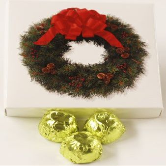 Scott's Cakes Milk Chocolate Peanut Butter Truffle Cream Filling Candies with Chartreuse Foils in a 1 Pound Wreath Box