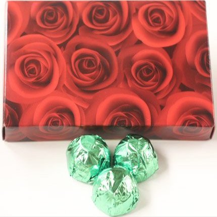 Scott's Cakes Dark Chocolate Peanut Butter Truffle Cream Filling Candies with Light Green Foils in a 1 Pound Red Roses Box