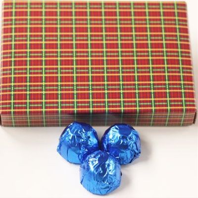 Scott's Cakes Dark Chocolate Peanut Butter Truffle Cream Filling Candies with Dark Blue Foils in a 1 Pound Christmas Plaid Box