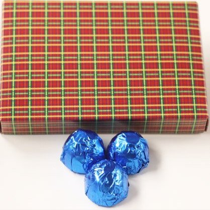 Scott's Cakes Dark Chocolate Peanut Butter Truffle Cream Filling Candies with Dark Blue Foils in a 1 Pound Christmas Plaid Box