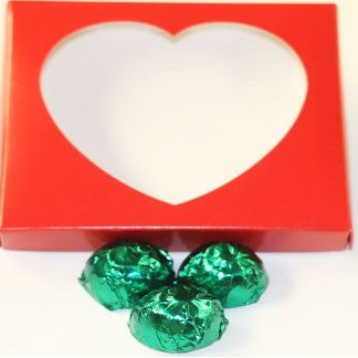 Scott's Cakes Milk Chocolate Peanut Butter Truffle Cream Filling Candies with Dark Green Foils in a 1 Pound Heart Box