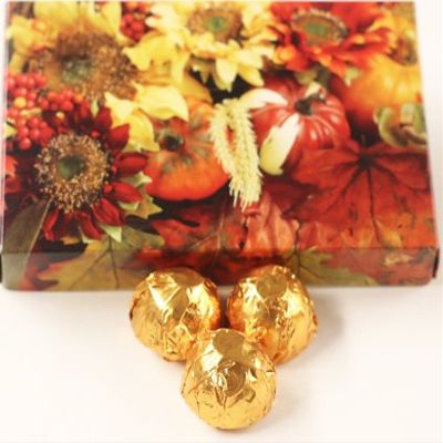 Scott's Cakes Dark Chocolate Peanut Butter Truffle Cream Filling Candies with Copper Foils in a 1 Pound Fall Leaf Box