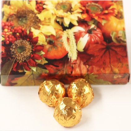 Scott's Cakes Dark Chocolate Peanut Butter Truffle Cream Filling Candies with Copper Foils in a 1 Pound Fall Leaf Box