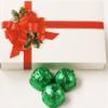 Scott's Cakes Milk Chocolate Peanut Butter Truffle Cream Filling Candies with Yellow Green Foils in a 1 Pound Ribbon-n-Holly Box view 1