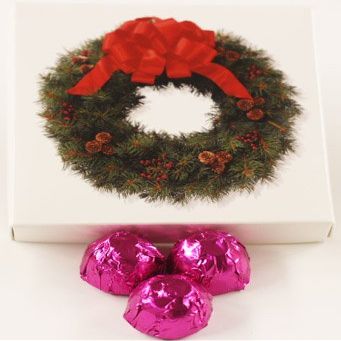 Scott's Cakes Dark Chocolate Peanut Butter Truffle Cream Filling Candies with Fucshia Foils in a 1 Pound Wreath Box
